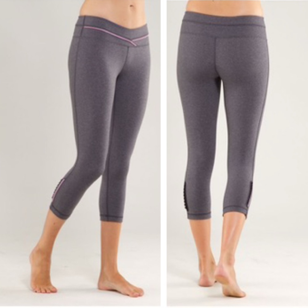 Lululemon Priiti Ruffle Crop Pants Yoga Capri Gray Pink Mauve Leggings Drawcord